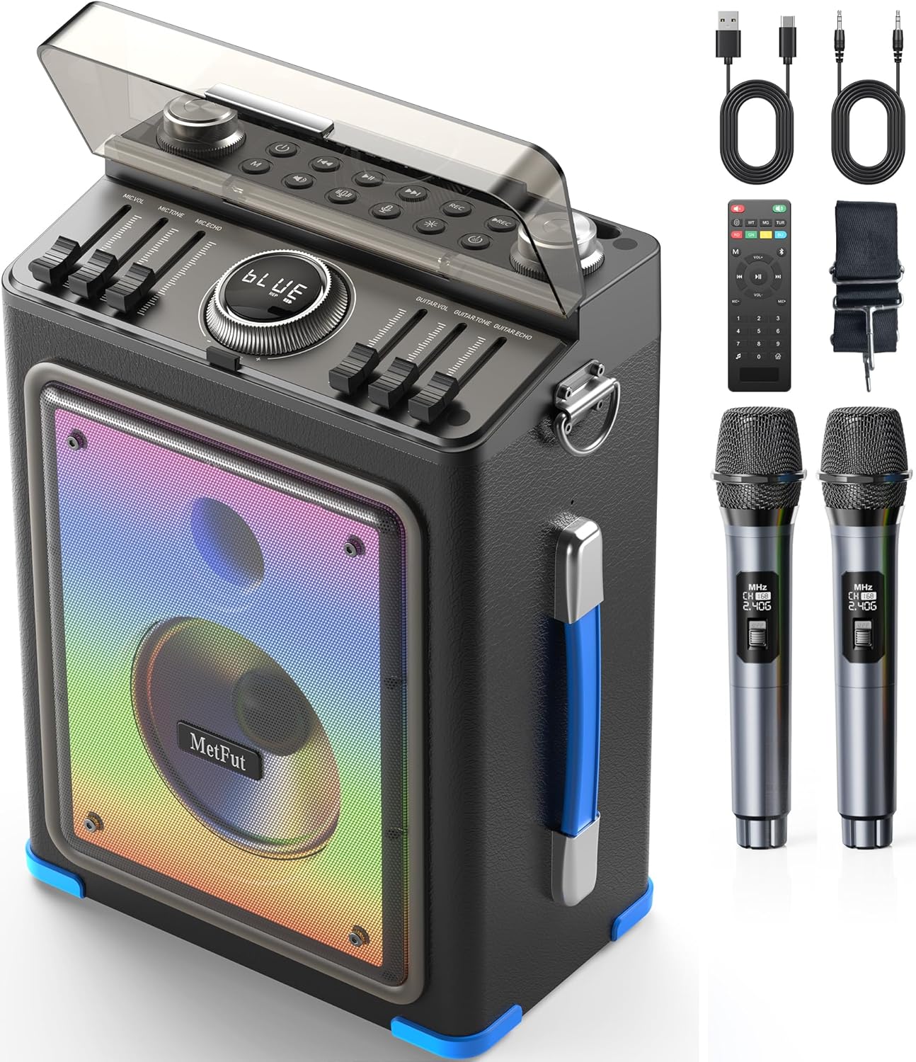 Professional Karaoke Machine for Adults with Bluetooth 5.3, 2 Wireless Mics, Portable Wooden Speaker PA System with Bass/Treble Adjustment for Backyard, Home Parties and Camping-Blue
