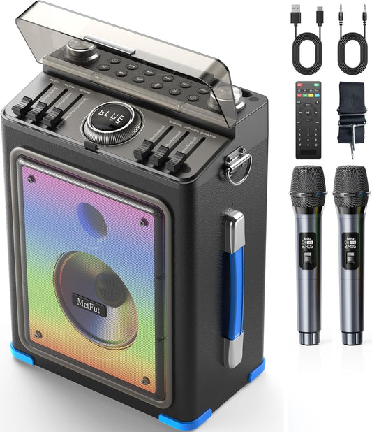 Professional Karaoke Machine for Adults with Bluetooth 5.3, 2 Wireless Mics, Portable Wooden Speaker PA System with Bass/Treble Adjustment for Backyard, Home Parties and Camping-Blue