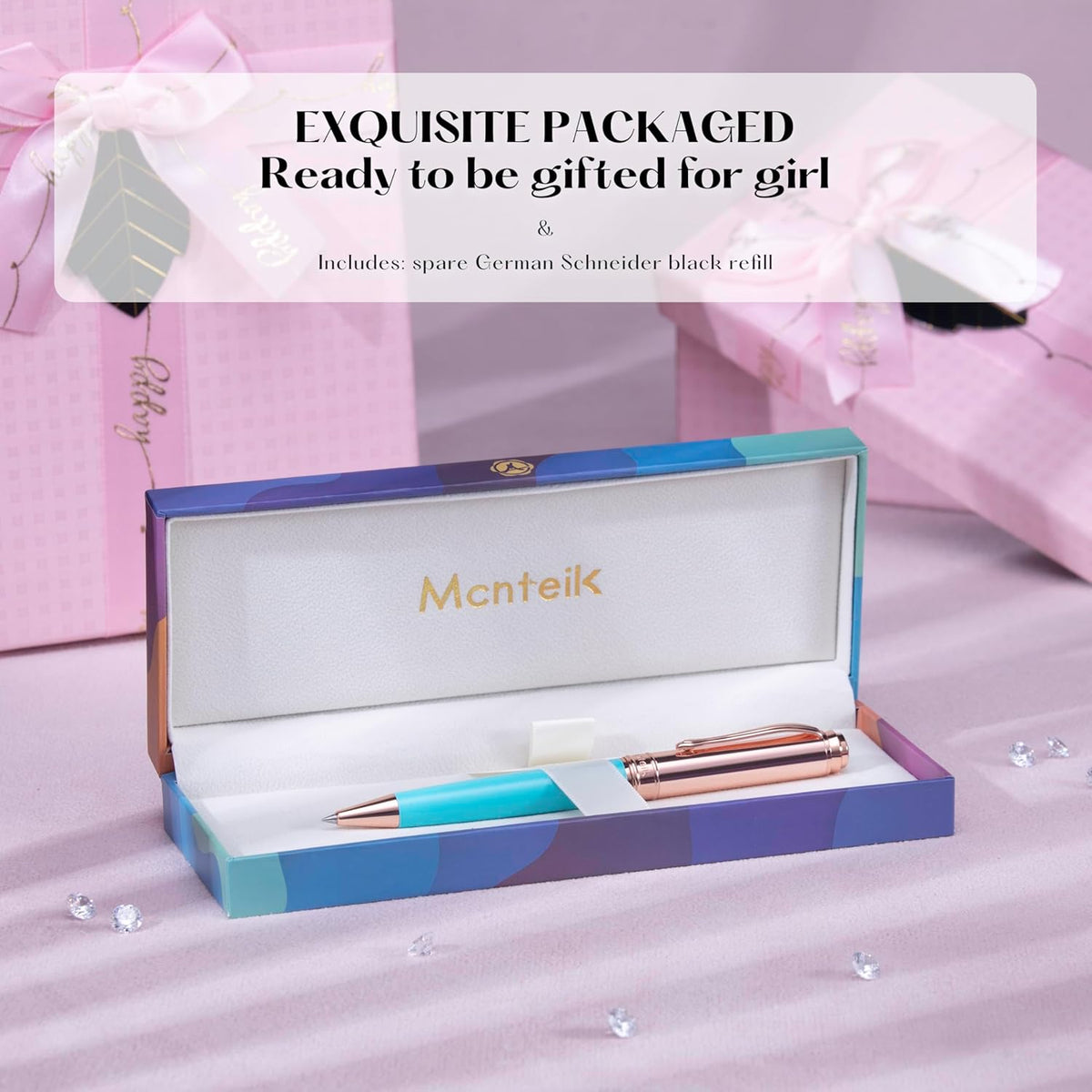 Luxury Gel Pen, Top Set With 8mm Brilliant Diamond,Delicate Green Pen Lacquer,Rose Real Gold Finish, Black Ink Refill,Fancy Gift Pen For Girl, Unique, Professional, Office Pens