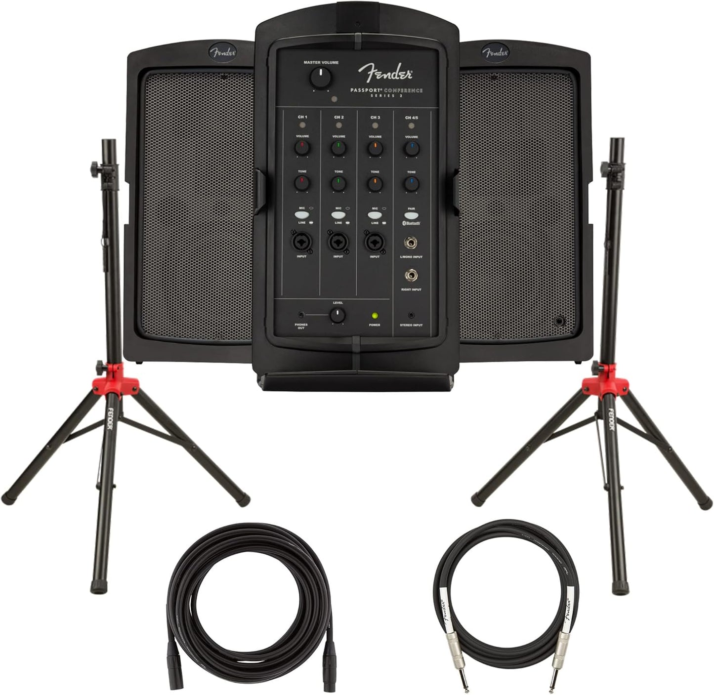 Fender Passport Conference S2 Portable PA System Bundle with Compact Speaker Stands, XLR Cable, and Instrument Cable