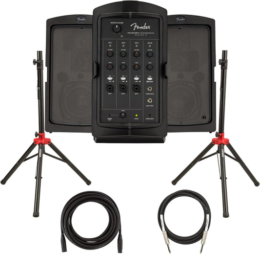 Fender Passport Conference S2 Portable PA System Bundle with Compact Speaker Stands, XLR Cable, and Instrument Cable