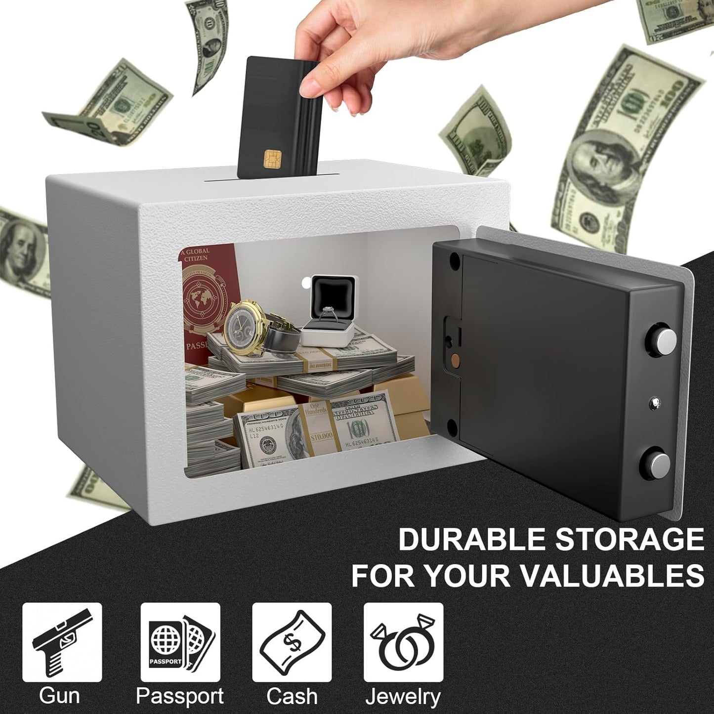 Small Safes for Home, Hotel Fire Safe, 0.23 Cubic Feet Personal Box for Money, Home Safes Water and Fireproof, Fireproof Safe for Cash, Digital Wall Safes for Office, Business