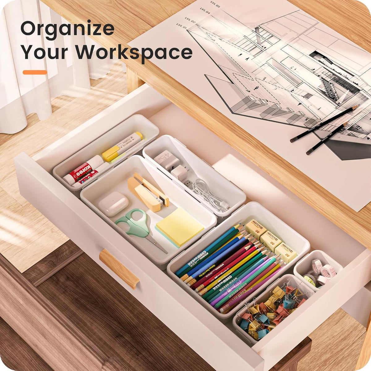 【28PCS】A-LUGEI Drawer Organizer, Bathroom Organizers and Storage, Makeup organizer, Desk drawer organizer, Storage Bins for Kitchen Office Bedroom Vanity Jewelry Pantry Garage【White】【4Size】