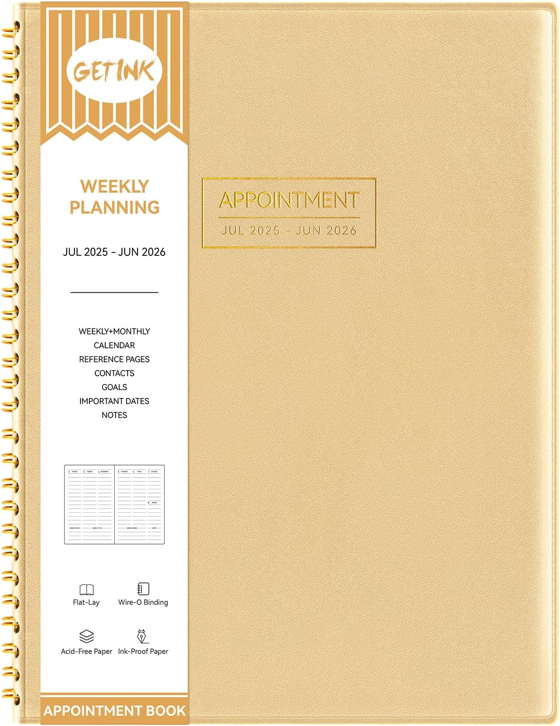 GETINK Appointment Book 2025-2026 Weekly Daily Hourly Planner 8.5"x11" Spiral Bound, Jul. 2025 - Jun. 2026, Laredule Appointment Planner 2025 with 15-Minute Increments, Flexible Cover, Gold