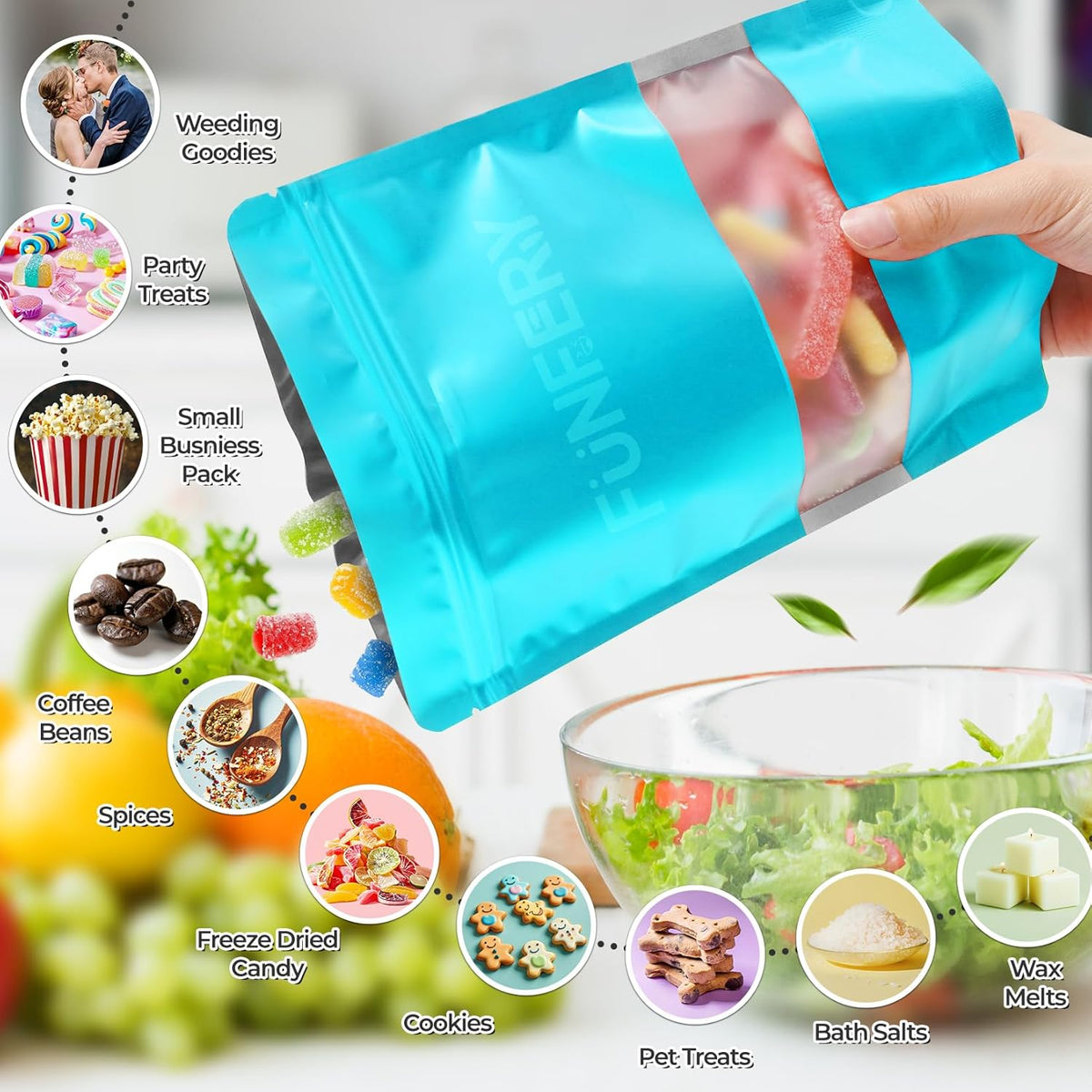 Funfery 100 Pcs Smell Proof Sealable Packaging Bags,Mylar Clear Bags for Food Storage,Stand Up Pouches with Window,ReSealable Bag for Small Business,Cookies,Candy(Blue,4.7x7.9in)