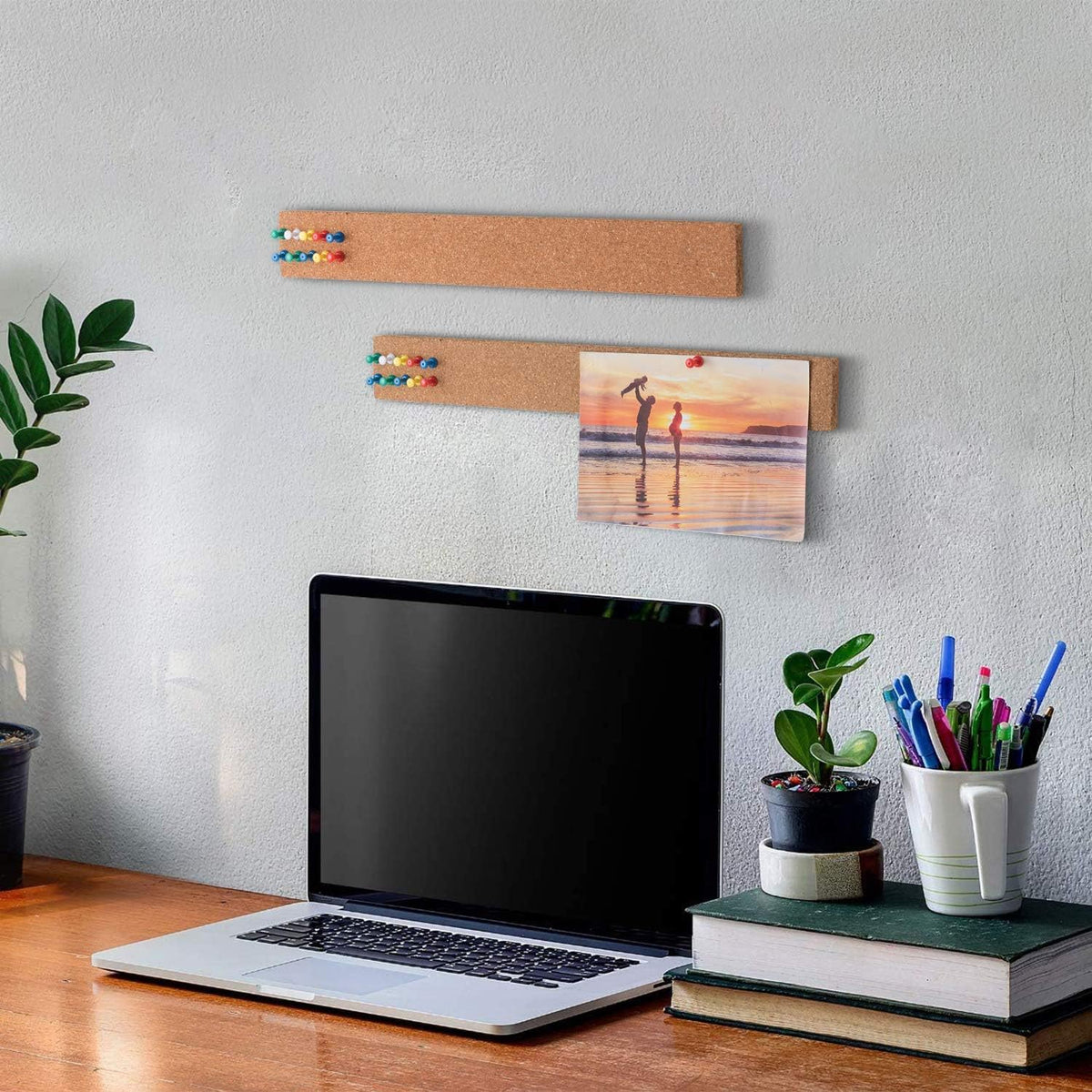 HBlife Cork Board Bulletin Board Bar Strip 8 Pack, 15x2 Inch - 1/2 Inch Thick, Frameless Cork Board Strips with 50 Multi-Color Push Pins, Strong Self Adhesive Backing