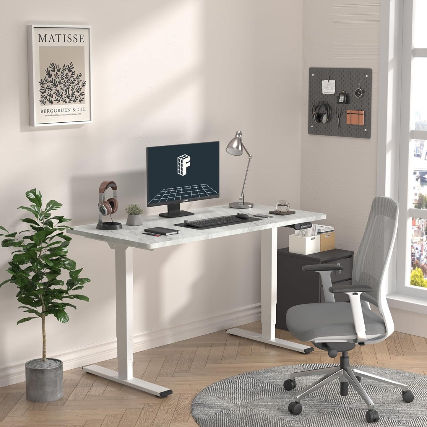 FLEXISPOT E6 Essential 3 Stages Dual Motor Electric Standing Desk 48x30 Inch Whole-Piece Board Height Adjustable Electric Sit Stand Desk(White Frame + Marble Grey Desktop, 2 Packages)
