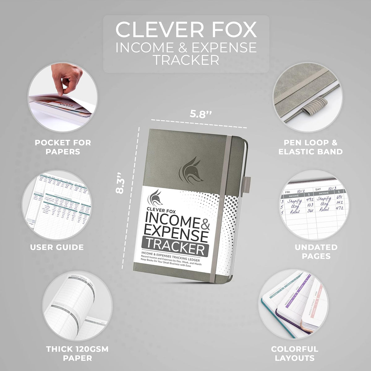 Clever Fox Income & Expense Tracker – Accounting & Bookkeeping Ledger Book for Small Business – 1-Year Record Notebook, A5 (Gray)