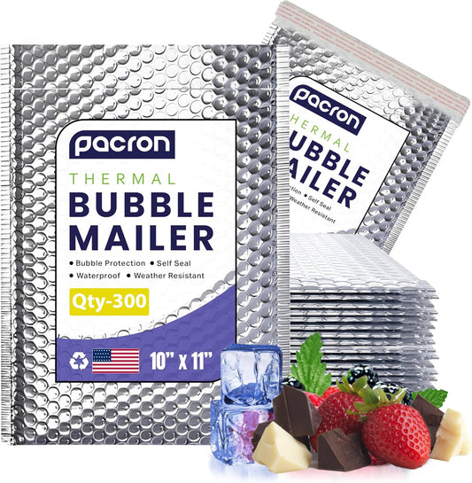 300-Pack Insulated Silver Thermal Bubble Mailers 10 x 11 - Waterproof Metallic Foil Self-Sealing Padded Envelopes for Cold Shipping, Perishables, Food, Cosmetics, Pharmaceuticals