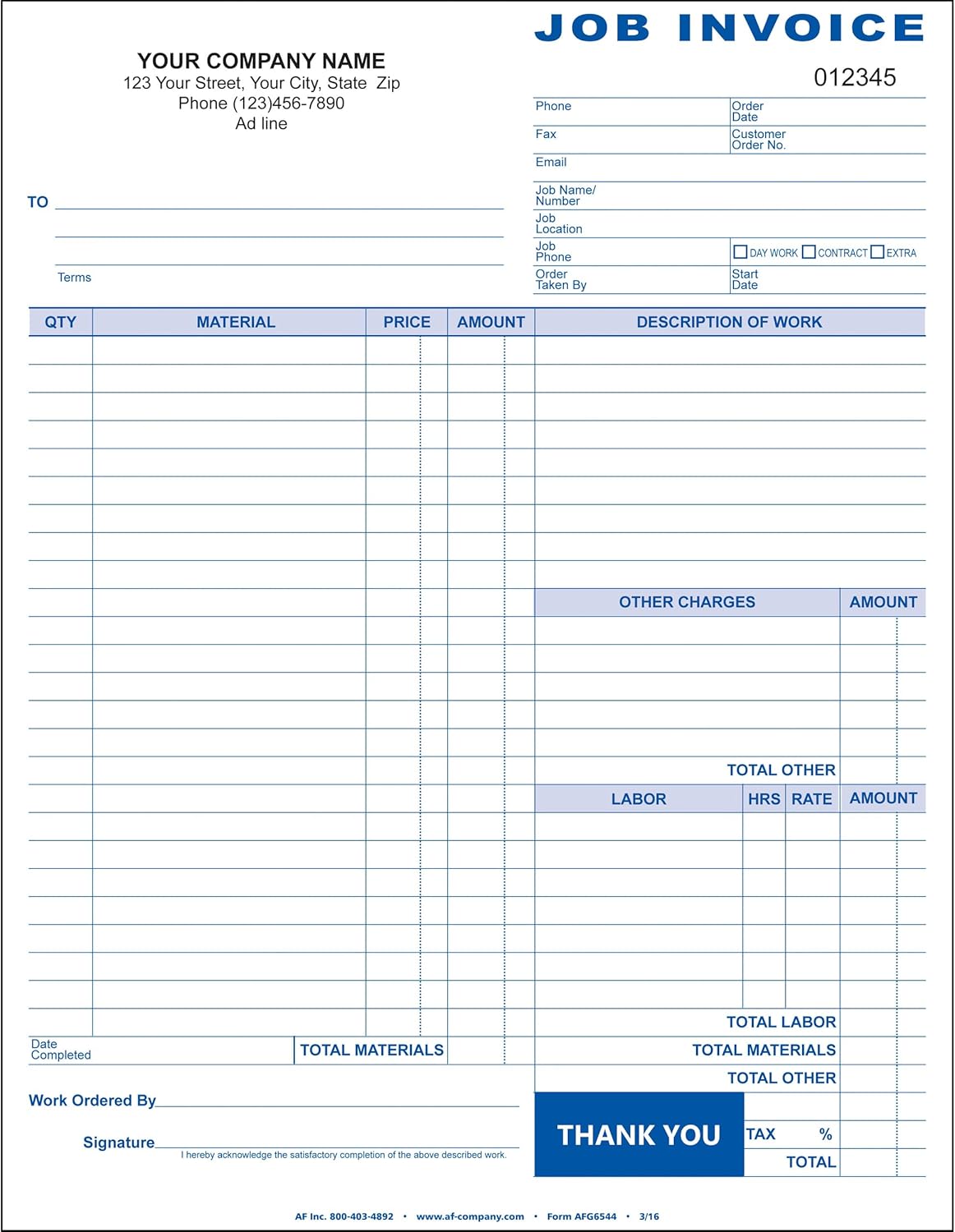 Job Invoice, 2 Copy (Duplicate), 8.5"x11" - Personalized for Free (500-Forms)