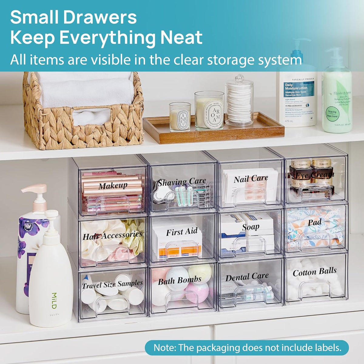 Vtopmart 4 Pack Clear Small Stackable Storage Drawers,Acrylic Bathroom Makeup Organizer,Plastic Storage Bins For Vanity, Undersink, Kitchen Cabinets, Pantry, Home Organization