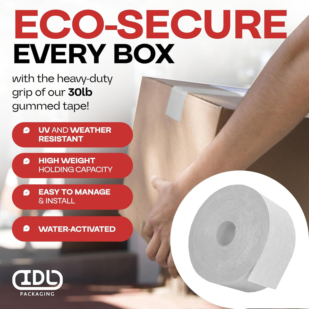 IDL Packaging 2.83" x 450 Feet Reinforced Water-Activated Kraft Gummed Tape 30lb Thickness (Pack of 4) - Secure Paper Packing Tape for Secure Carton Sealing - Heavy-Duty for All Conditions, White