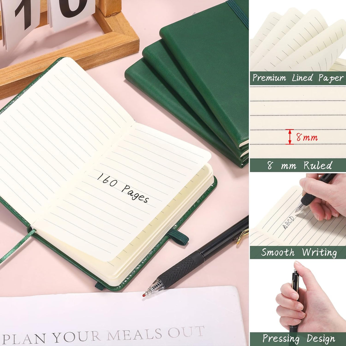 Aodaer 50 Sets Pocket Notebook Journal with Pens, 160 Pages, 3.5 x 5.5 Inch Mini Lined Journal Notebook A6 Leather Hardcover College Ruled Notepad with Pen Holder for School Office Gifts, Dark Green