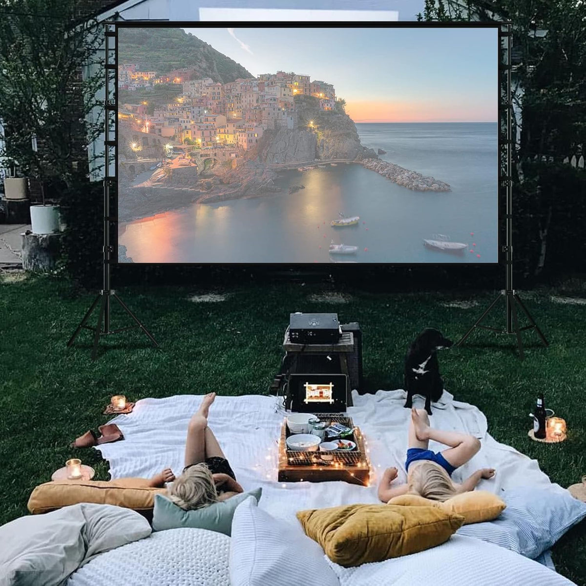 TOWOND Projector Screen and Stand, 150 inch Indoor Outdoor Projection Screen, Portable 16:9 4K HD Rear Front Movie Screen with Carry Bag Wrinkle-Free Design for Home Theater Backyard Cinema
