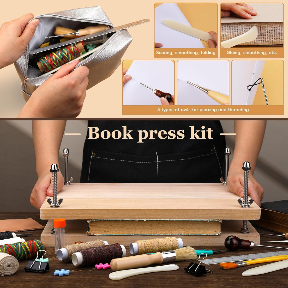 JUPEAN 45 Pcs Book Binding Kits, Bookbinding Kit Large Book Press 14.76”x11.42” with Books Binding Materials Bone Folder Tool Bind Cloth Webbing Strap and Storage Bag for Repair