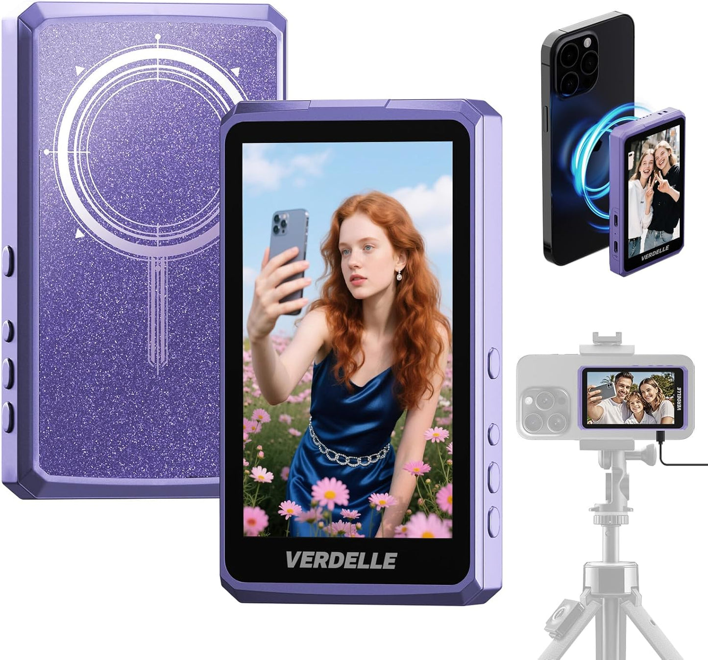 Vlog Selfie Monitor Screen, Magnetic Phone Selfie Screen 4K/1080p 60fps Bluetooth Remote, Back Camera Monitor Built-in Speaker for Vlog Live Stream TikTok (Purple)