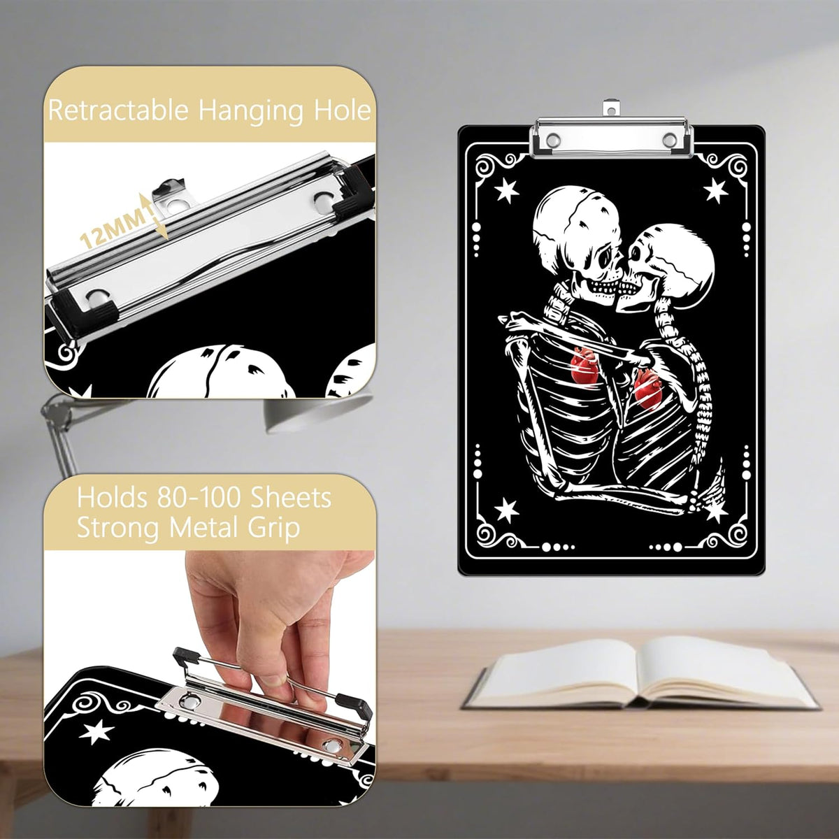 Skull Valentine's Day Plastic Clipboards,Decorative Plastic Acrylic Clipboard for Teacher Social Worker Students Office Supplies 8 * 12