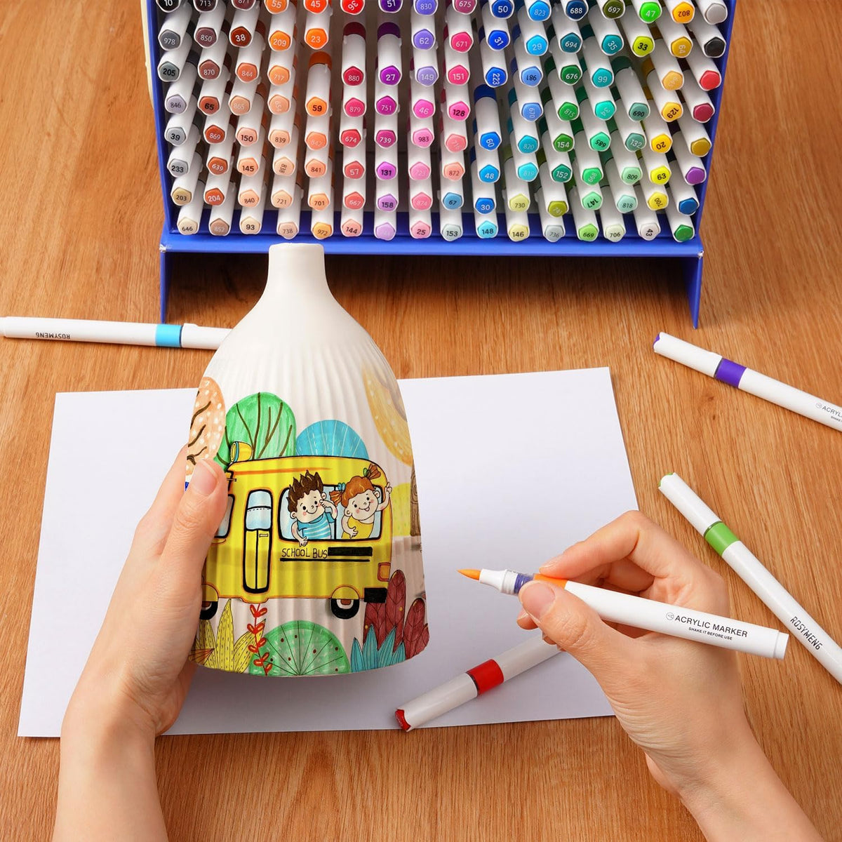 ROSYMENG Acrylic Paint Markers, 120 Colors + 8 Metal Colors - Large Ink Capacity, High Coverage with Brush Tip Acrylic Paint Pens, Suitable for Wood, Glass, Rock, and Fabric - Student School Supplies