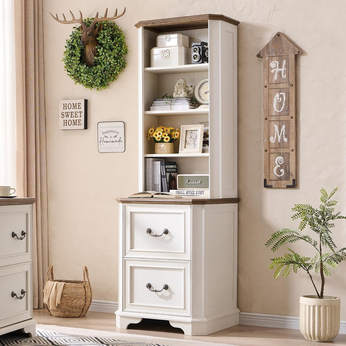 T4TREAM 6-Tier Bookcase with 2 File Drawers, 72" Tall Farmhouse Bookshelf with Storage & Adjustable Shelves, Wooden Floor Standing Display Book Shelf Organizer for Home Office, Antique White