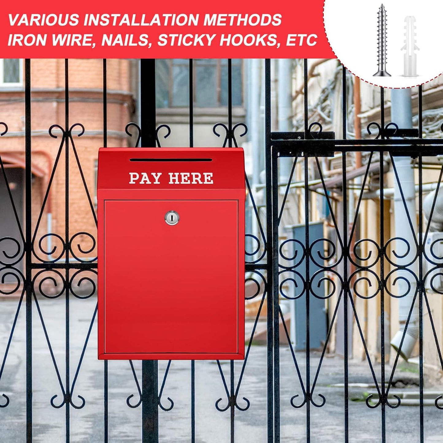 Safe Cash Box Money Collection Metal Donation Box with Lock Wall Mount Pre Drilled Mailbox Delivery Ballot for Home Office Outdoor Self Serve Stand(Red,11.8 x 8.6 x 4.7 Inch)