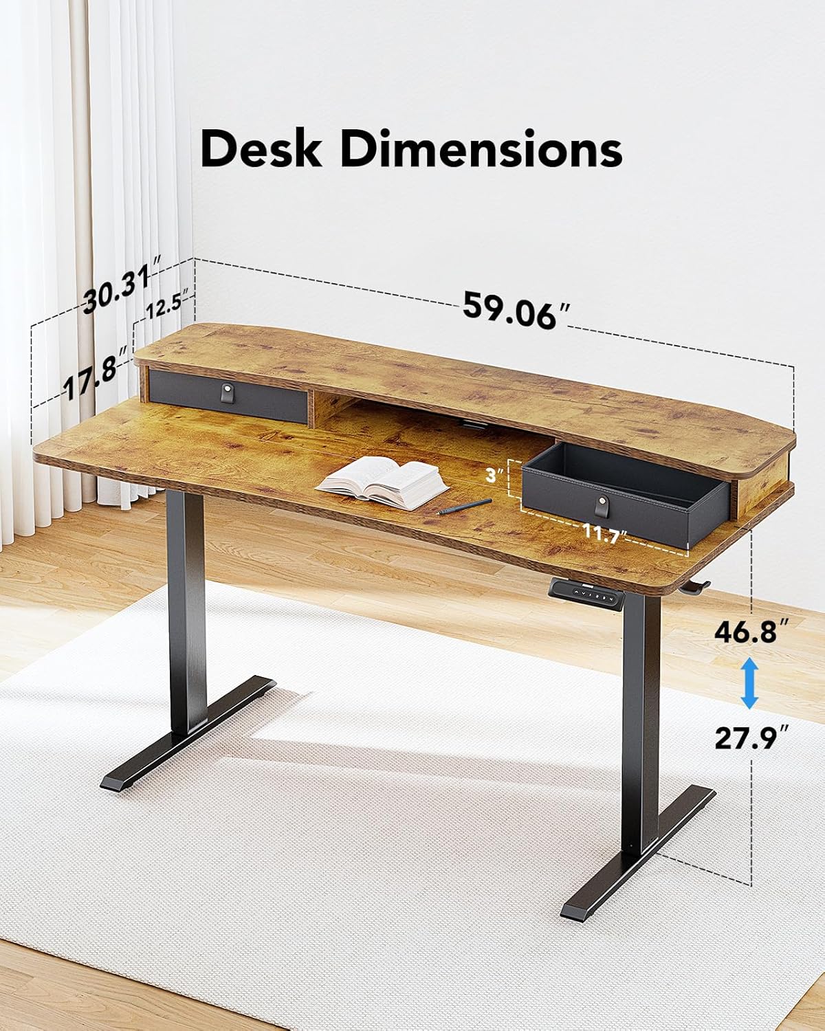 HUANUO 60″ x 30″ Electric Standing Desk with 2 Drawers, C-Clamp Mount Compatible, Height Adjustable Computer Desk, Home Office Stand Up Desk with 4 Preset Heights & 2 Hooks, Vintage Brown