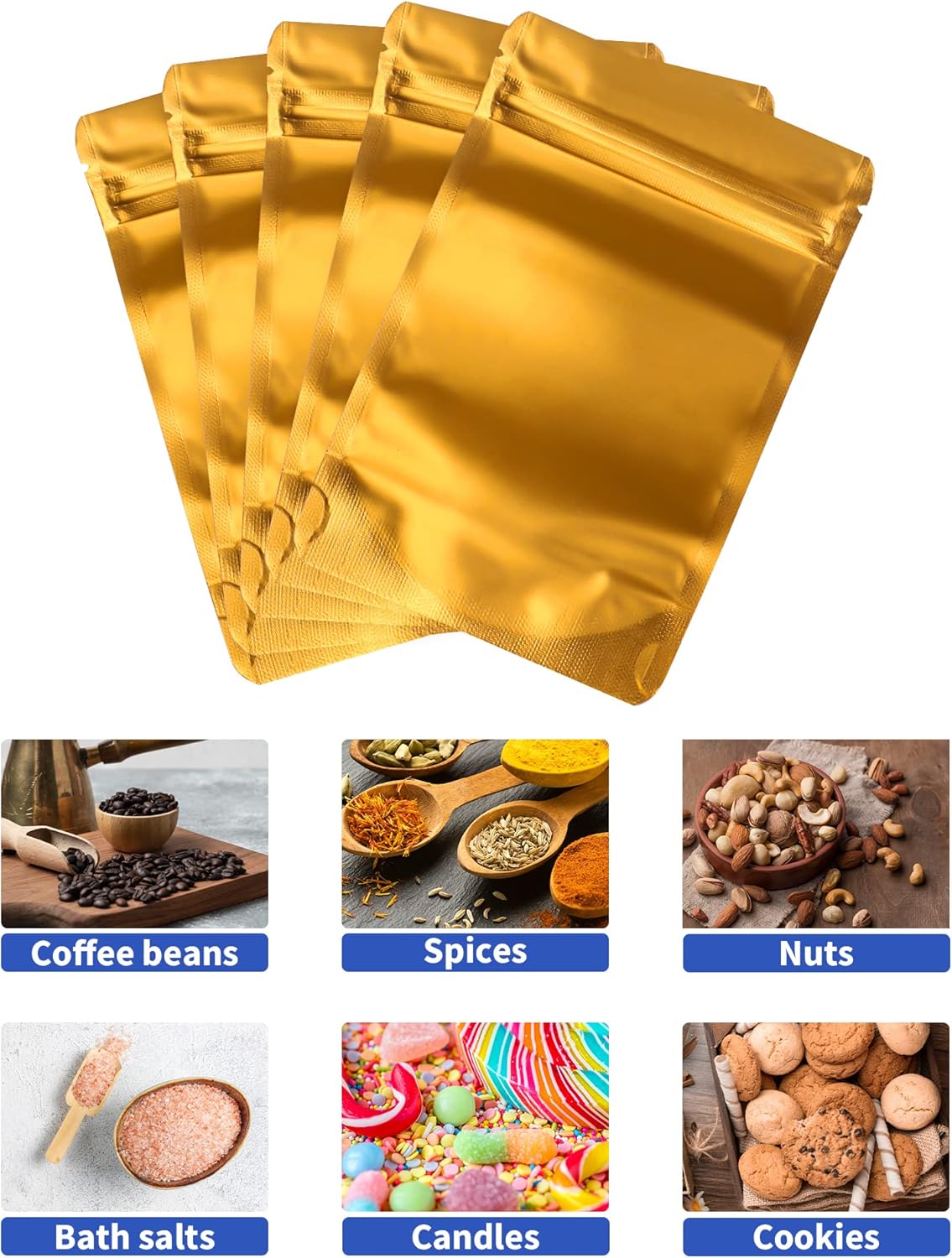 100 Pack Resealable Stand Up Bags,Smell Proof Pouch Sealable Foil Pouch Bags for Packaging (Gold, 4" x 6")