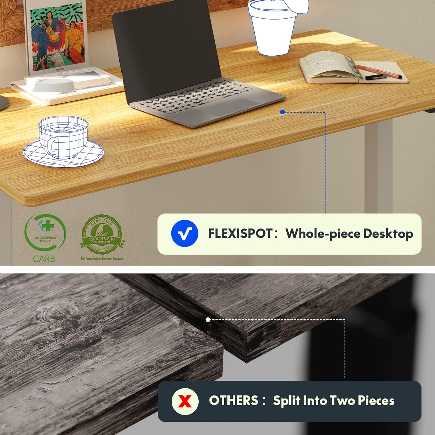 FLEXISPOT E6 Essential Standing Desk 3 Stages Dual Motor Electric 60x24 Inch Whole-Piece Board Height Adjustable Electric Sit Stand Desk(White Frame + Maple Desktop, 2 Packages)