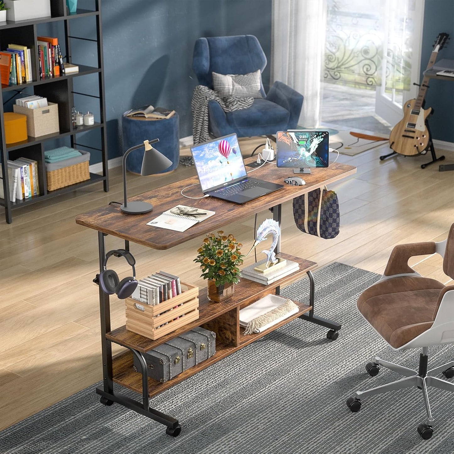 Armocity Height Adjustable Standing Desk with Power Outlets, 47" Manual Stand Up Desk with Storage Shelves Small Mobile Rolling Computer Desk Portable Laptop Table with Wheels for Home Office, Rustic