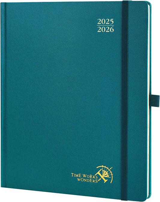 POPRUN Planner 2025-2026, (Large 8.5'' x 10.5'' Hard Cover) Academic Calendar (July 25-June 26) Daily Weekly and Monthly Appointment Book with Hourly Time Slots, Monthly Tabs, 100 GSM - Pacific Green