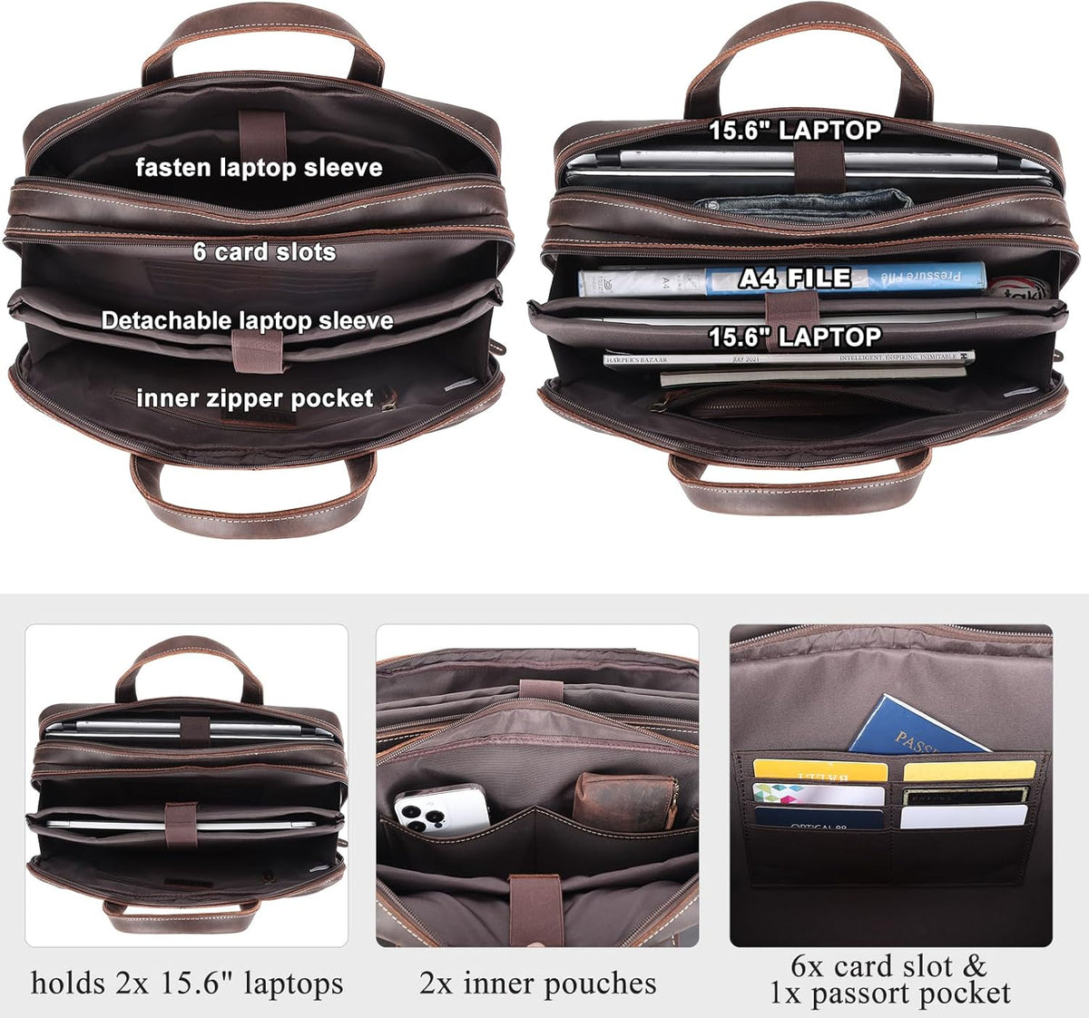 Masa Kawa Leather Briefcase for Men 15.6" - 17" Laptop Computer Case Business Travel Work Messenger Cross Body Shoulder Bag