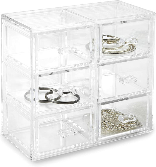 Huang Acrylic Stackable Upright 6-Drawer Jewelry Organizer Crystal Clear Acrylic | Makeup Jewelry Accessories Cosmetic Countertop Storage Display 3.15 x 5.75 x 6.75 inches | Shatter-proof Design