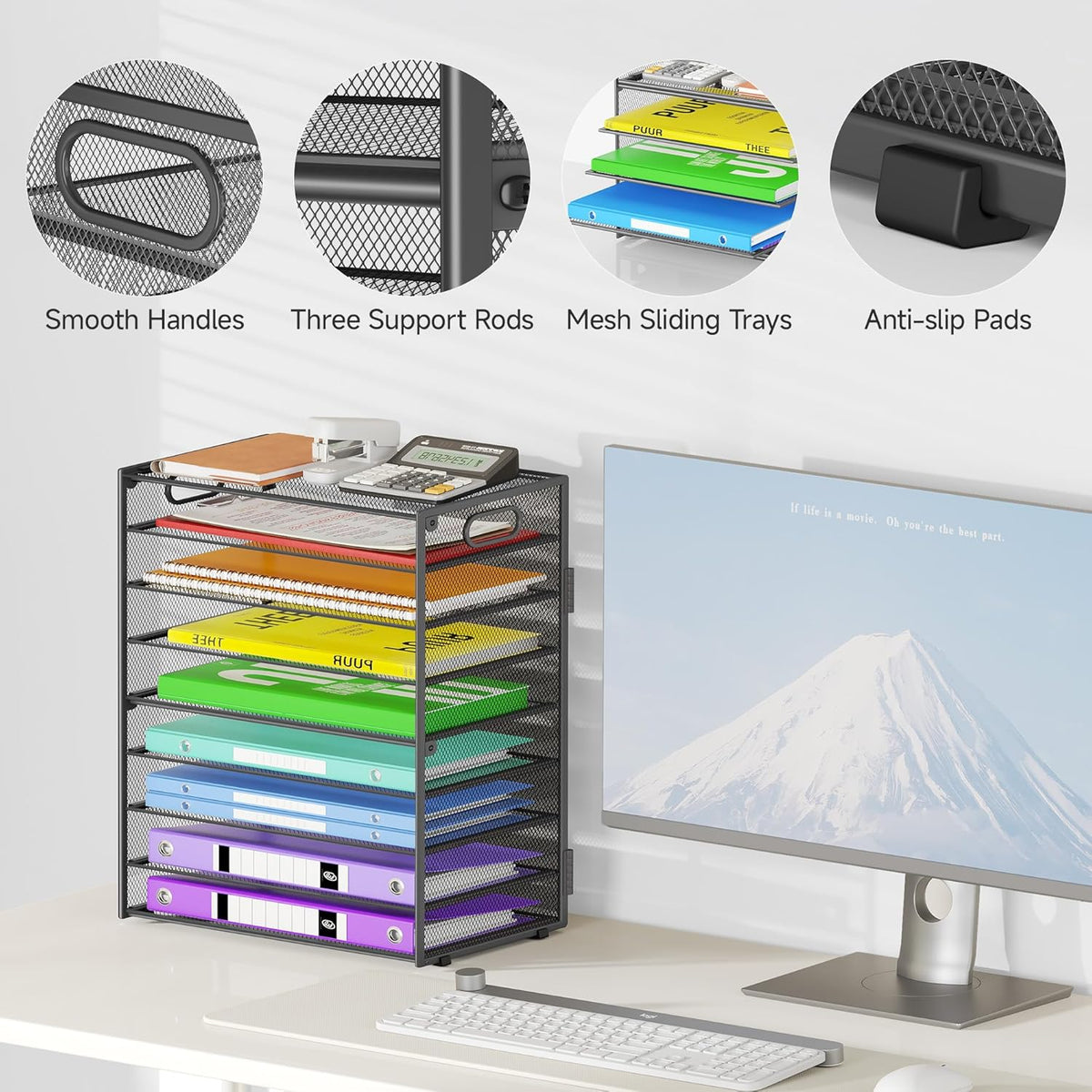 9 Tier Paper Organizer with Handle, Large Capacity Desk Organizer Mesh Paper Letter Tray File Folder Document Sorter for Classroom and Office Accessories Organization- Grey (2 Pack)
