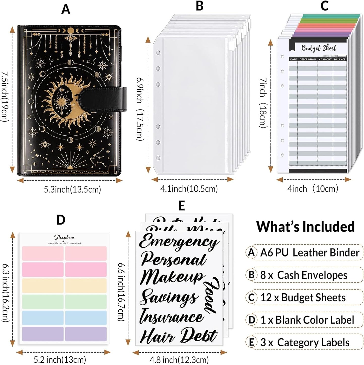 SKYDUE Budget Binder, Money Saving Binder with Zipper Envelopes, Cash Envelopes and Expense Budget Sheets for Budgeting (Black Golden)