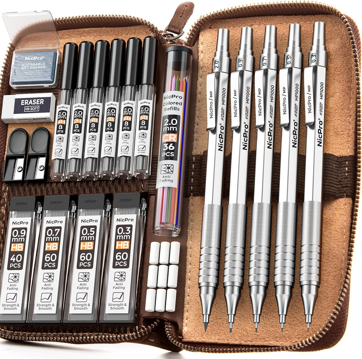 Nicpro 20PCS Metal Mechanical Pencil Set in Leather Case, Art Drafting Pencil 0.3, 0.5, 0.7, 0.9 mm & 2mm Lead Holders, 9 Tube (4B 2B HB 2H Colors) Lead Refills, Erasers For Sketching Drawing