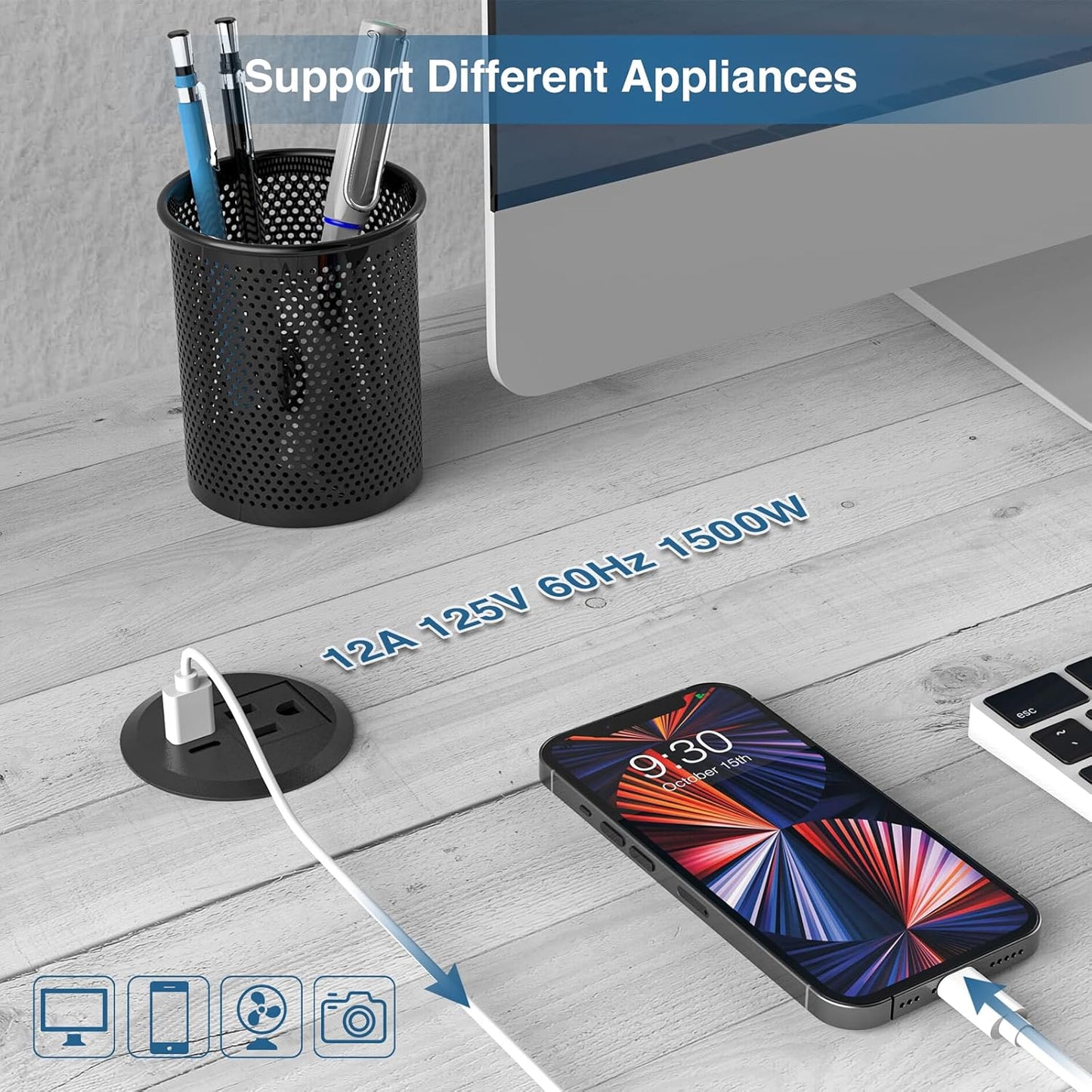 Desktop Power Grommet, 2inch Desktop Power Grommet Outlet, Recessed Power Strip Outlet with 1 USB and 1 Type-C, 20W PD Fast Charge for Desk, Kitchen, Office, Home, Hotel and More