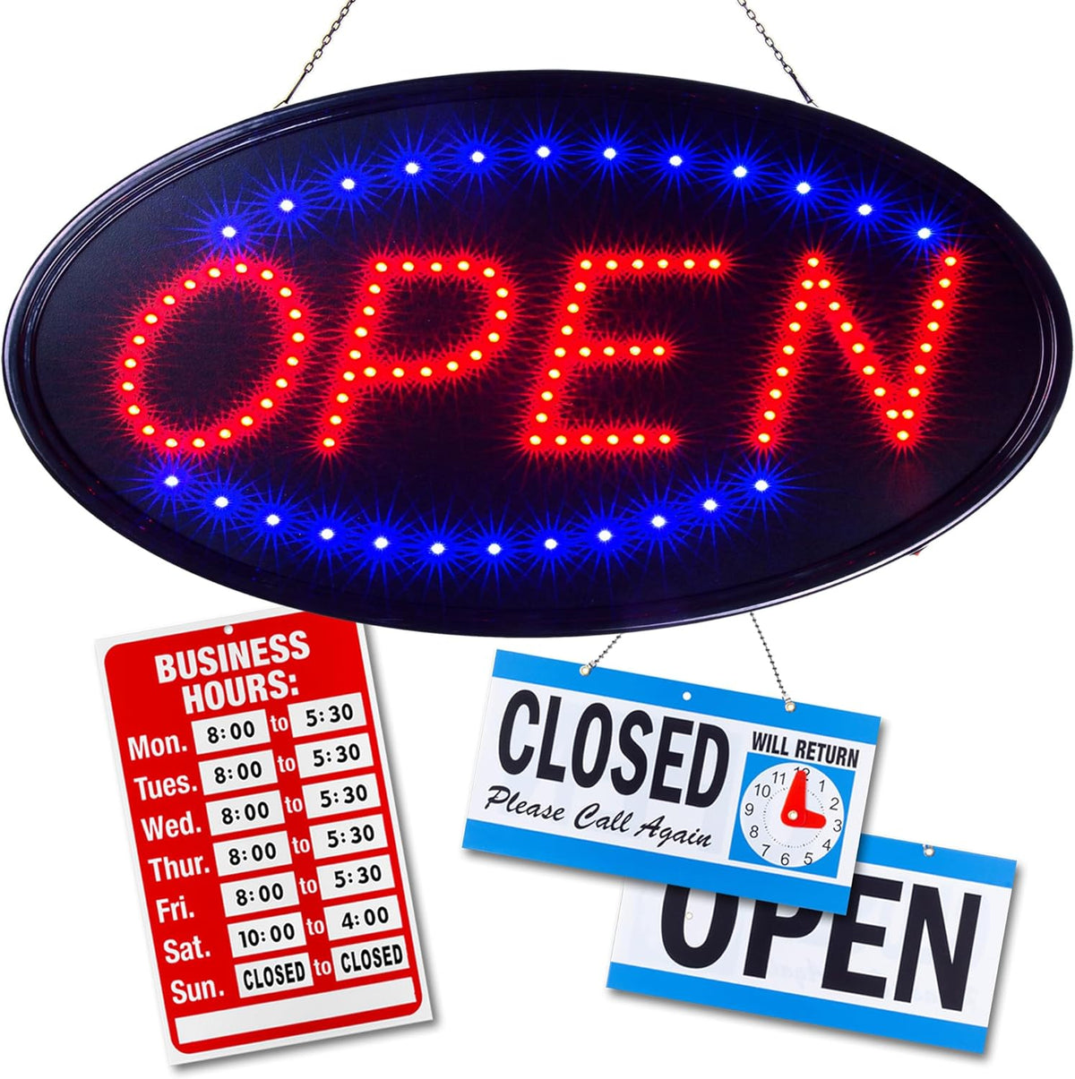 Neon Open Sign for Business: Oval LED Sign with Flashing Mode for Stores - Includes Business Hours and Open & Closed Signs