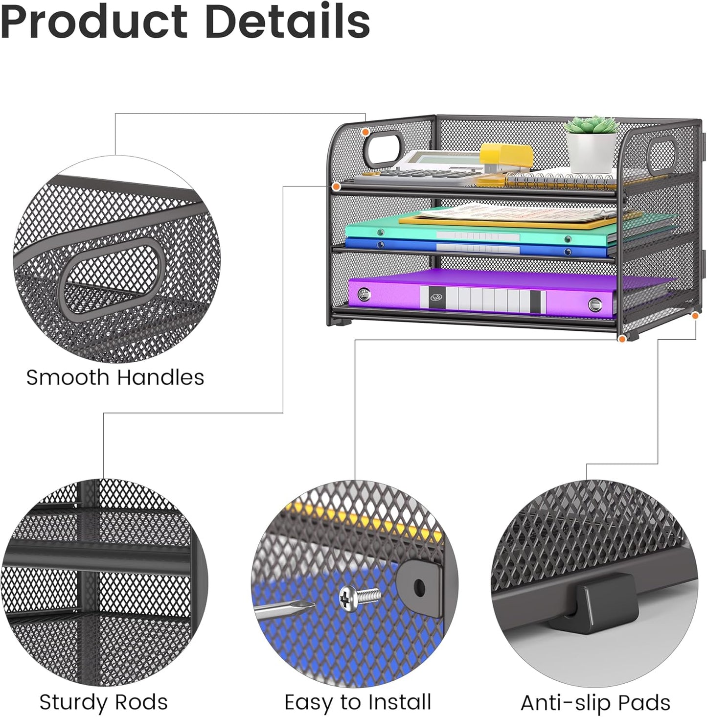 3 Tier Paper Organizer with Handle, Metal Desk Organizer Mesh Paper Letter Tray Desktop File Folder Document Sorter for Classroom, School, Office Accessories Organization and Storage - Grey