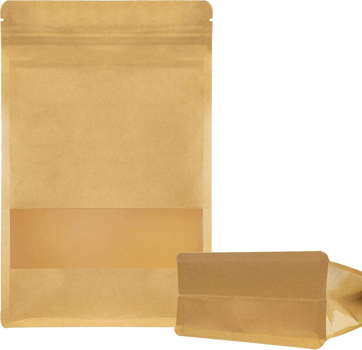 Stand Up Kraft Pouch Bags,Reusable Zip Lock Sealing & Notch Matte Transparent Window Bags, Resealable Zip Lock Food Storage Bag,11.8 x 7.9 + 3.14 Inches, Pack of 50
