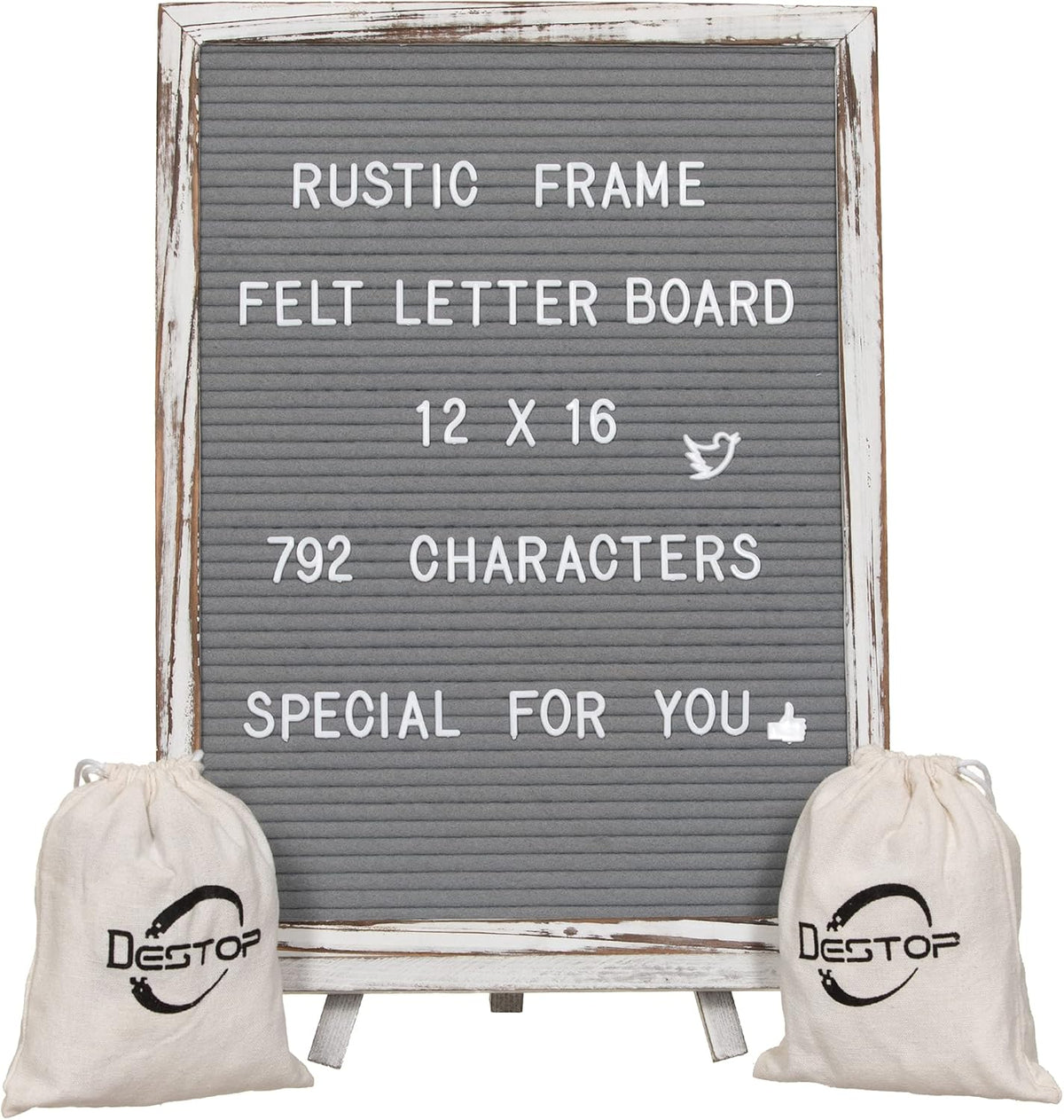 Felt Board With Rustic Vintage Frame and Stand 12x16 Inch, Grey Changeable Message Board Includes 792 Letters, Numbers and Symbols, Hook to Hang, 2 Canvas Bags
