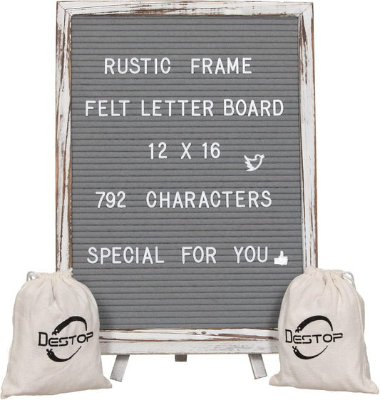 Felt Board With Rustic Vintage Frame and Stand 12x16 Inch, Grey Changeable Message Board Includes 792 Letters, Numbers and Symbols, Hook to Hang, 2 Canvas Bags