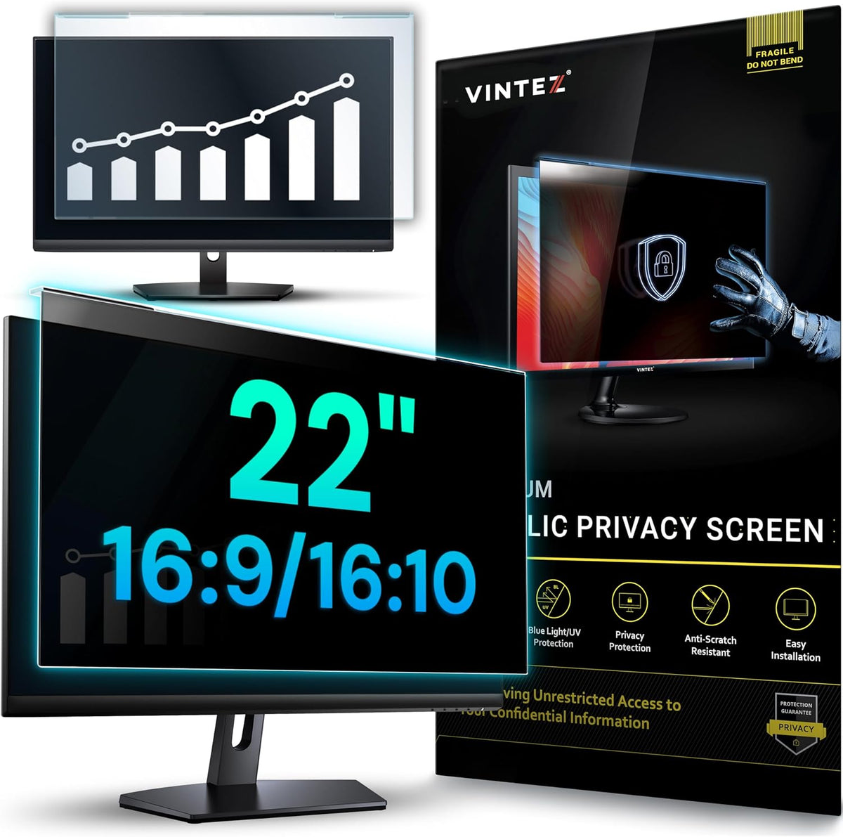 Acrylic 22 Inch Computer Privacy Screen Filter for Widescreen Computer Monitors - 19.3" x 12.5" (490 x 317mm) - Monitor Frame Hanging Type