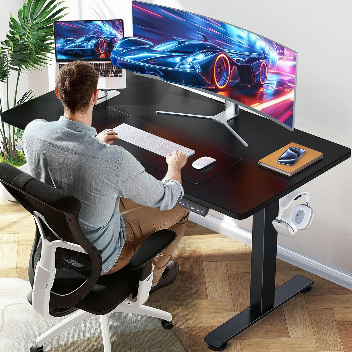 Veken Standing Desk Electric 47.2 Inch, Height Adjustable Sit Stand Up, Wood Desktop, Work Home Office Computer PC Table, Tall Standup Workstation, Gaming Writing Study Bedroom Rising Desks, Black