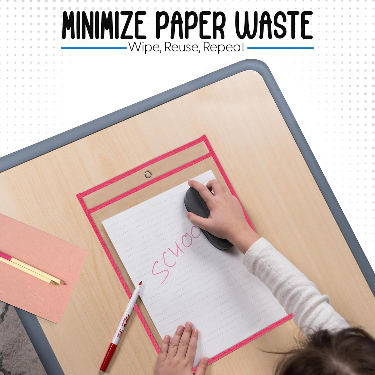 Essex Wares - 6 Pack, Hot Pink, Durable Water-Resistant Dry Erase Pocket Document Protectors, 10" Wide x 13.5" Tall - Dry Erase Clear Plastic Sleeves - Reusable & Easy Erase Plastic Invoice Holders