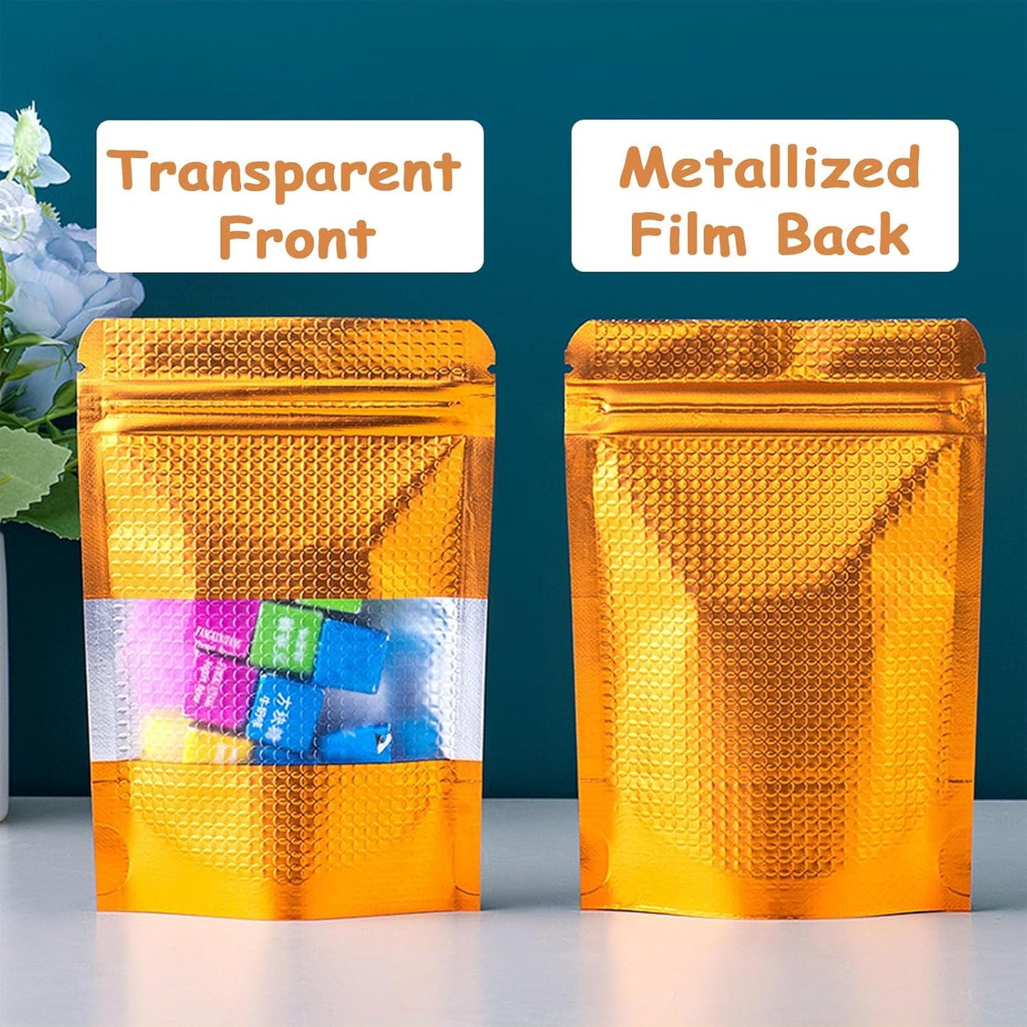 150 Pcs Mylar Bags for Food Storage, 4x6 Mylar Bag with Window Stand Up, Small Holographic Resealable Bags Smell Proof Bag Food Packaging for Small Business Freeze Dried Candy Jewelry Foil Packaging