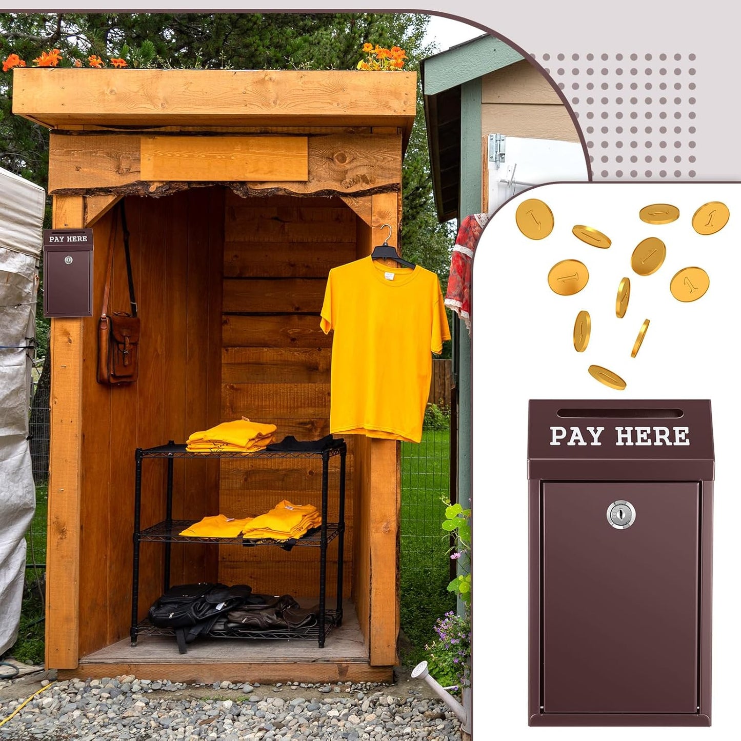 Safe Cash Box Money Collection Metal Donation Box with Lock Wall Mount Pre Drilled Mailbox Delivery Ballot for Home Office Outdoor Self Serve Stand(Brown,10.2 x 5.7 x 2.8 Inch)