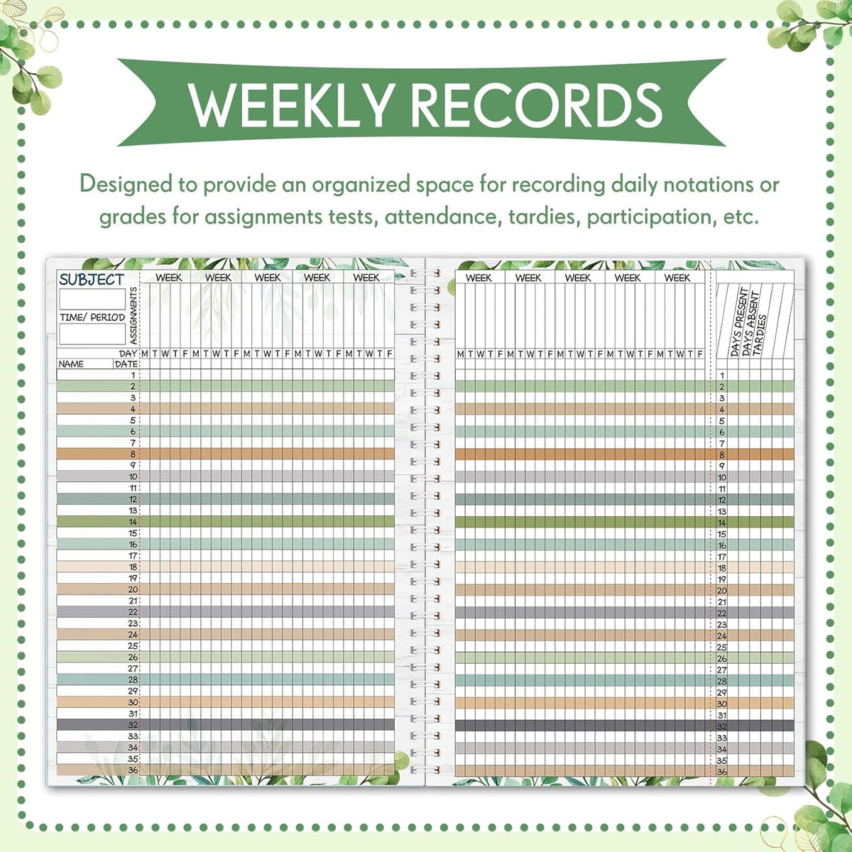 Teacher Record Book Teacher Grade Books 2025-2026 Spiral Bound Record Class Grade Book Office Favors Gift for Classroom Attendance Supplies Decoration Double Sided(Boho Plant)