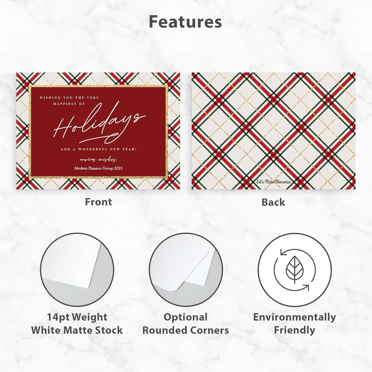Let's Make Memories Personalized Business Christmas Cards with Envelopes - Premium Quality - 5x7-2025 Holiday Cards & White Envelopes - Rustic Tartan - 75 ct