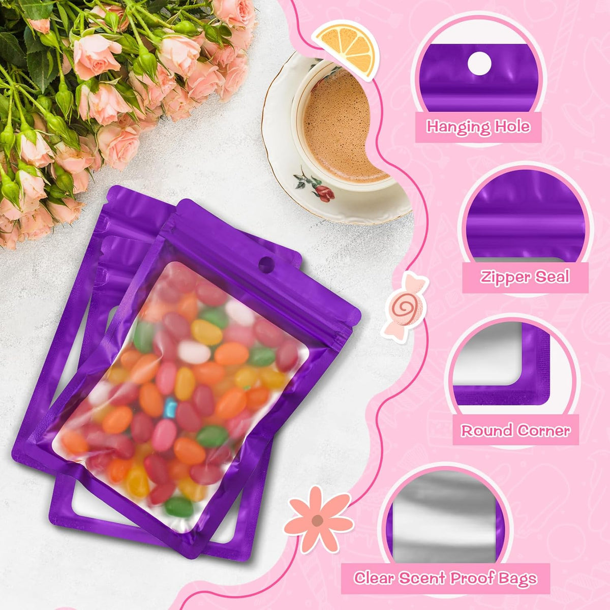 FUNFERY 100 Pack Mylar Resealable Bags Foil Packaging Bags with Clear Window,Zipper Pouch Smell Proof Bag for Food Storage,Cookies,Sample,Small Business(Purple,4x6inch)