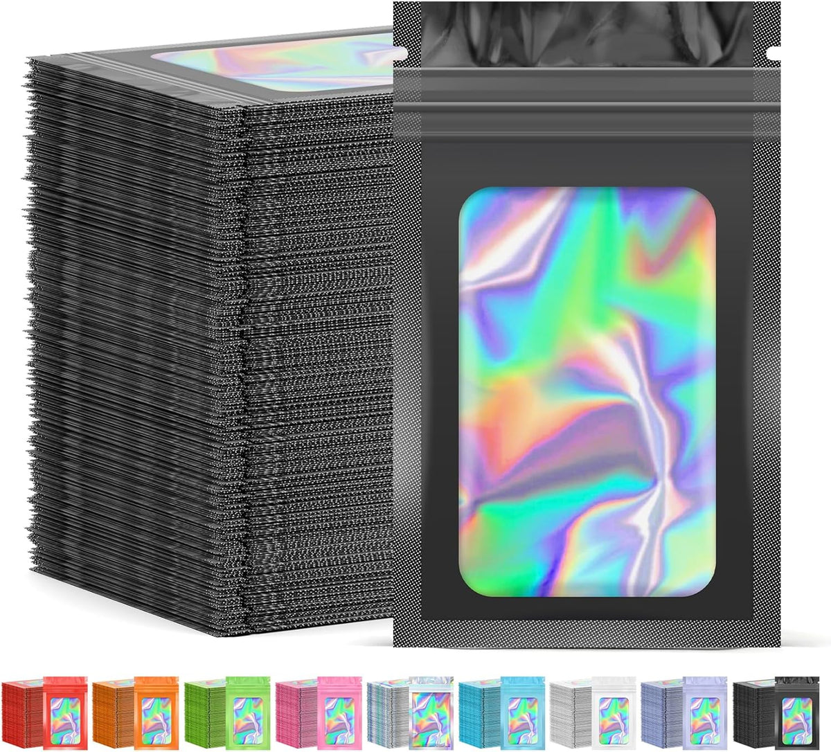 300 Pcs Mylar Bags, Smell Proof Bags Foil Pouch, Holographic Resealable Bags for Small Business, Candy Sample Jewelry Bag Sealable Packaging for Party Favor Food Storage ((2.8x3.9in-Black)