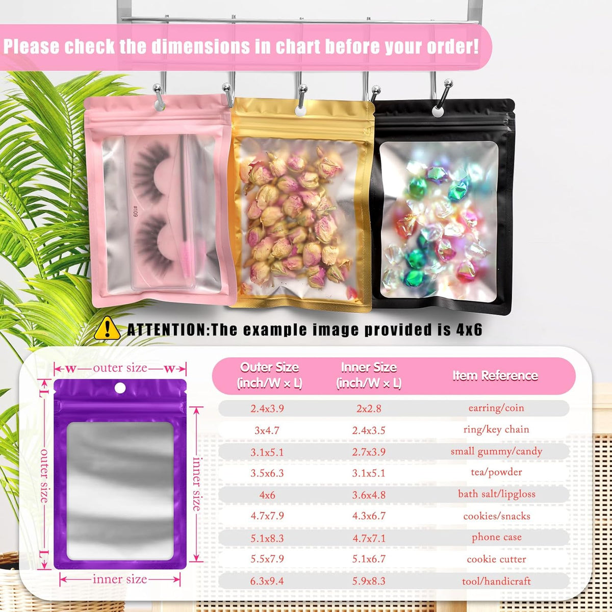 FUNFERY 100 Pack Mylar Resealable Bags Foil Packaging Bags with Clear Window,Zipper Pouch Smell Proof Bag for Food Storage,Cookies,Sample,Small Business(Purple,4.7x7inch)